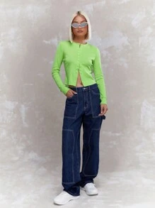 MISSGUIDED Áo thun gân tay dài cài nút phía trước - Màu Mù tạt vàng - Xem 4