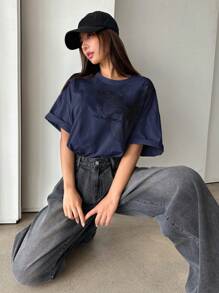 DAZY Coconut Tree Print Drop Shoulder Tee Oversized T-Shirt - Navy Blue - View 2