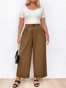 Calvaya Pantalones Rectos Casuales Con Pliegues De Color Sólido De Talla Grande - Bronce - Ver 4