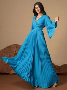 假日天蓝色长袖 V 领褶皱大下摆带腰带夏季女士连衣裙，度假装女士 - 藍色 - 查看 7