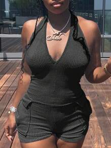 Textured Workwear Shoulder Straps Jumpsuit With Pockets - Black - View 4