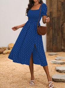 SHEIN Clasi Ladies' Polka Dot Square Neck Short Sleeve Summer Slit Dress - Royal Blue - View 1