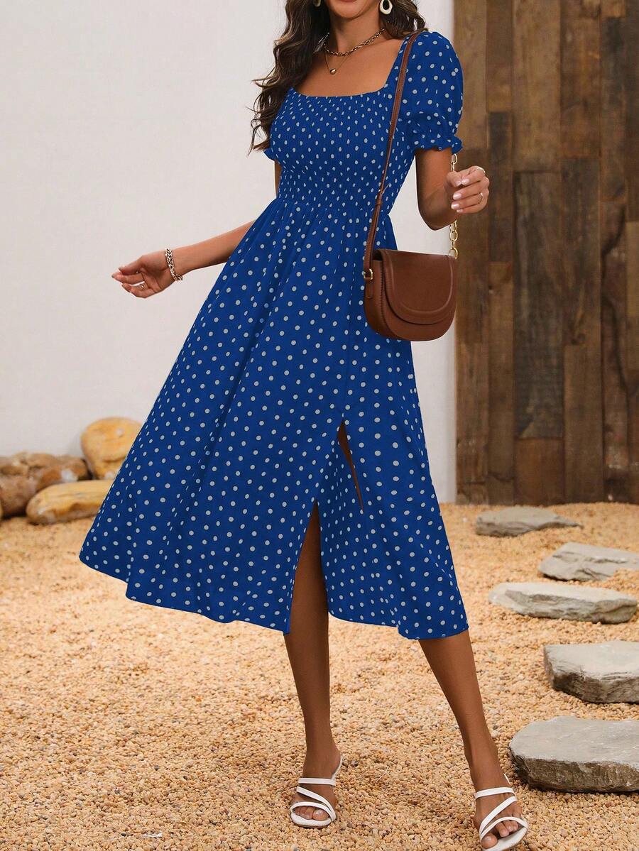 SHEIN Clasi Ladies' Polka Dot Square Neck Short Sleeve Summer Slit Dress - Royal Blue - View 1