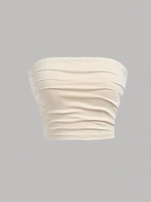 SHEIN Girlism 少女杏色和乳白色抹胸上衣褶皱上衣和下摆针织半裙休闲基础款两件套 - 杏色 - 查看 4