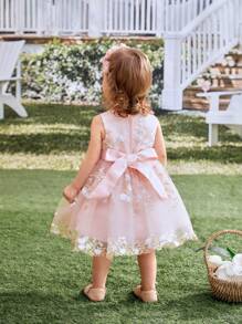 SHEIN Glamorique Kids Baby Girl Elegant Embroidered Mesh Dress, Suitable For Daily Casual Wear, Parties And Other Occasions, New Style For Spring And Summer