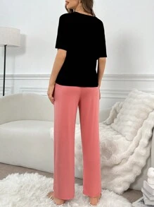 Conjunto de ropa de hogar con estampado de letras, mangas cortas y pantalones largos - Multicolor - Ver 2