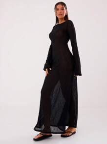 MUSERA 轻薄长袖船领长款连衣裙，优雅，春夏长裙，毕业舞会礼服 - 黑色 - 查看 3