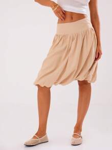 MUSERA Low Rise Puff Ball Hem Midi Skirt Elegant Summer Sexy Chic - Apricot - View 3