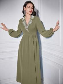 Modelyn Đầm suông tay đèn lồng đính đinh tán thanh lịch cho nữ - Màu xanh Ô liu - Xem 4