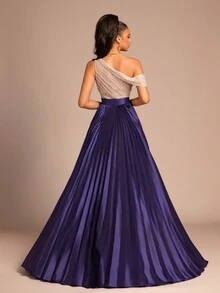 女士新款优雅不对称领亮片开衩正式晚礼服舞会婚礼宾客礼服，适合毕业典礼、晚宴 - 寶藍色 - 查看 3