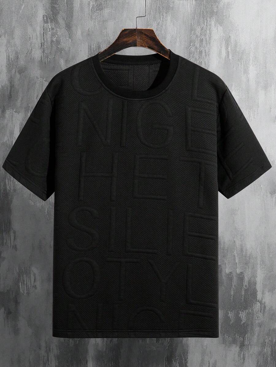Men's Summer Letter Embossed Print Round Neck Short Sleeve Casual T-Shirt - Black - View 1