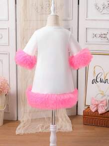 SHEIN Young Girl Daily Wear White  Dress With Printed Hem And Cuffs, Multiple Mesh Inserts At Hem, Summer - White - View 2