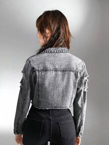 SHEIN Explorewe Teen Girl Black & Grey Distressed Casual Everyday Versatile Denim Jacket - Grey - View 2