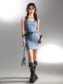 SHEIN Explorewe Y2K Style Fitted Stretchy Denim Dress For Teen Girls, Streetwear