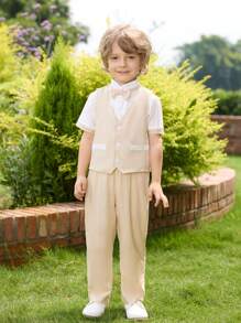 Boys' Pleated Shirt Collar And Bow Tie Linen Vest And Long Pants Gentlemen Outfit - Khaki - View 4