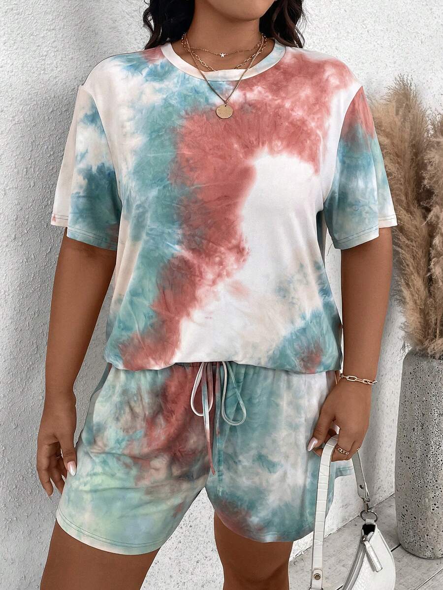 SHEIN VCAY Bộ quần short ngắn tay màu huỳnh quang Tie-Dye Beach Holiday - Nhiều màu - Xem 1
