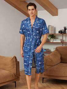 Ropa de hogar para hombre con manga corta, estampado aleatorio y atado en la cintura