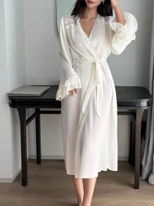 DAZY See-Through Chiffon & Contrast Lace Nightgown With Ruffled Sleeves, Pajama - Apricot - View 4