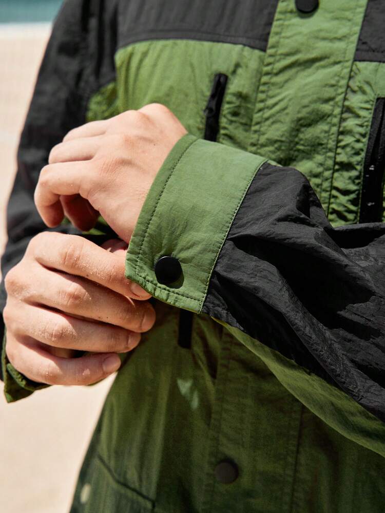 In My Nature 男士色塊翻蓋口袋連帽夾克 - 軍綠色 - 查看 8