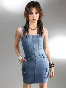 SHEIN Explorewe Y2K Style Fitted Stretchy Denim Dress For Teen Girls, Streetwear