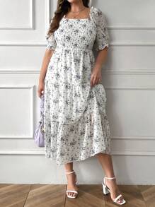 SHEIN LUNE Plus Size Square Neckline Puff Sleeve Cinching Waist Dress - Multicolor - View 3