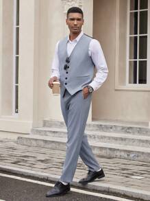 Manfinity Bizformal Men Solid V Neck Button Front Waistcoat - Grey - View 4
