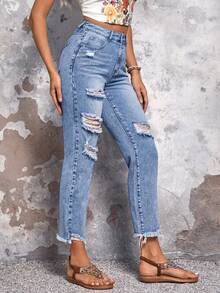 SHEIN LUNE 撕毀式原始邊緣緊身牛仔褲，適用於日常穿著 - 中等水洗藍 - 查看 6