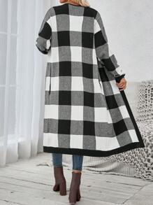 SHEIN LUNE Casual Checkerboard Pattern Long Cardigan With Pockets Fall Sweaters - Black and White - View 6