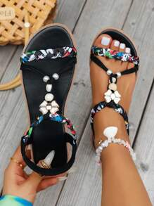 WRCVS Women's Black Flat Sandals Handmade Beaded Pearl Decoration Woven Lightweight Anti-Slip Beach Slipper With Random Woven Pattern