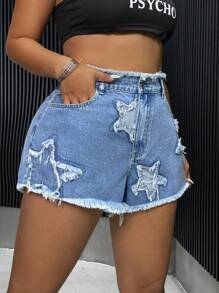 SHEIN ICON Plus Star Print Raw Hem Denim Shorts - Medium Wash - View 3