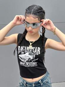 SHEIN 青少年女孩汽車和標語圖案背心上衣 - 黑色 - 查看 7