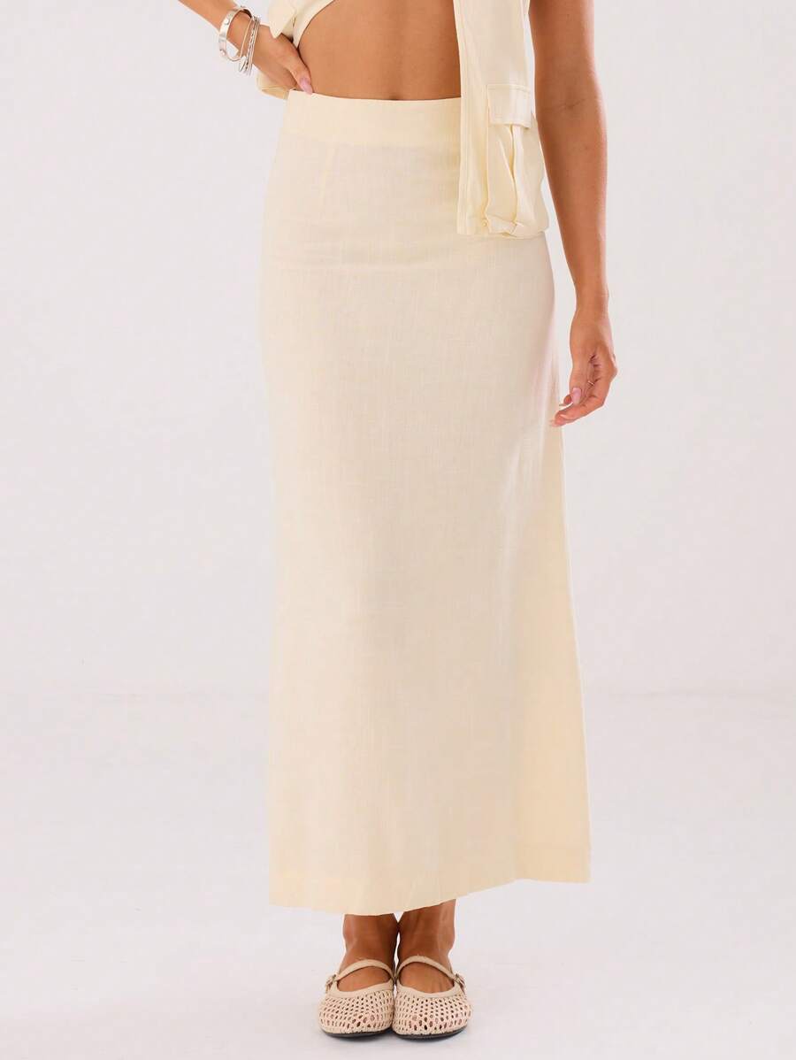 MUSERA 夏季薄纱亚麻宽松长裙，优雅性感 - 米色 - 查看 1