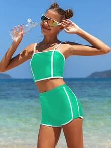 SHEIN Teen Girls' Color Block Fashionable Bikini Set 2 Pieces Bathing Suits For Beach Vacations, Beachwear - Green - View 6