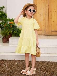 女童纯色编织荷叶边松紧腰 A 字形连衣裙，配有松紧袖口，适合休闲外出和夏季度假 - 母女配套服装（3 件单独出售） - 芥末黃 - 查看 4