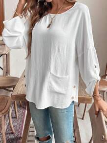 EMERY ROSE 椰子鈕圓領保健長袖襯衫 - 白色 - 查看 7