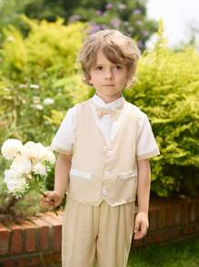 Boys' Pleated Shirt Collar And Bow Tie Linen Vest And Long Pants Gentlemen Outfit - Khaki - View 3