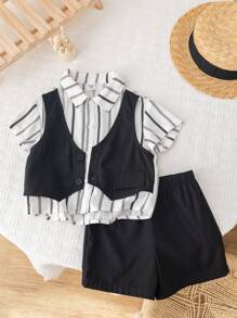 SHEIN Áo vest thường ngày cho bé trai/bé gái, áo sơ mi ngắn tay màu trơn/sọc & quần short lưng thun, lý tưởng cho các bữa tiệc sinh nhật, lễ rửa tội, lễ kỷ niệm sinh nhật đầu tiên, tiệc tùng, biểu diễn, đám cưới, v.v. - Nhiều màu - Xem 14
