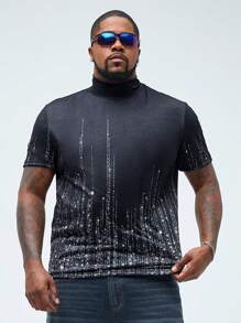 Manfinity VCAY Men's Plus Size Slim Fit Knitted Short Sleeve T-Shirt With Glittery Star Printed Pattern And Turtleneck Collar, Suitable For Summer