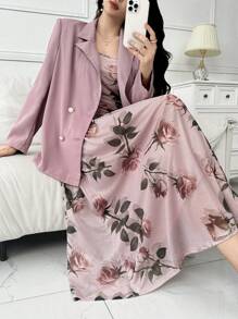 Modelyn Conjunto de 2 piezas para mujer: vestido de tirantes con estampado floral y chaqueta de manga larga de unicolor