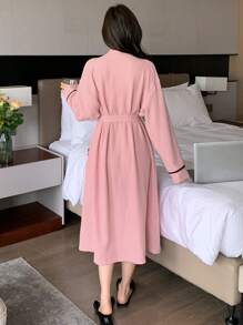 DAZY 纹理面料拼色设计双口袋睡袍睡衣 - 粉色 - 查看 2