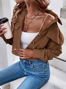 EMERY ROSE 春夏休闲纯色灯芯绒短款夹克，女士春秋休闲纽扣、口袋落肩领常规版型卡其色灯芯绒纯色女士夹克，休闲日常穿着 - 卡其色 - 查看 4