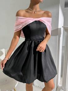 Zolique Vestido sencillo diario de hombros descubiertos de bloque de color para mujeres - Negro - Ver 5