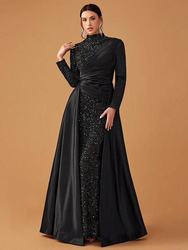 YISIKADO Women Formal Evening Gown Elegant Sequin Patchwork Satin Stand Collar Long Sleeve Dress Black Prom Wedding Guest Dress, For Graduation, Dinner Party Dress Spring
