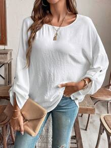 EMERY ROSE 椰子鈕圓領保健長袖襯衫 - 白色 - 查看 6