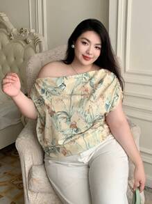 Dazy Plus 大码印花不对称领口优雅宽松上衣，适合夏季度假穿着 - 杏色 - 查看 4