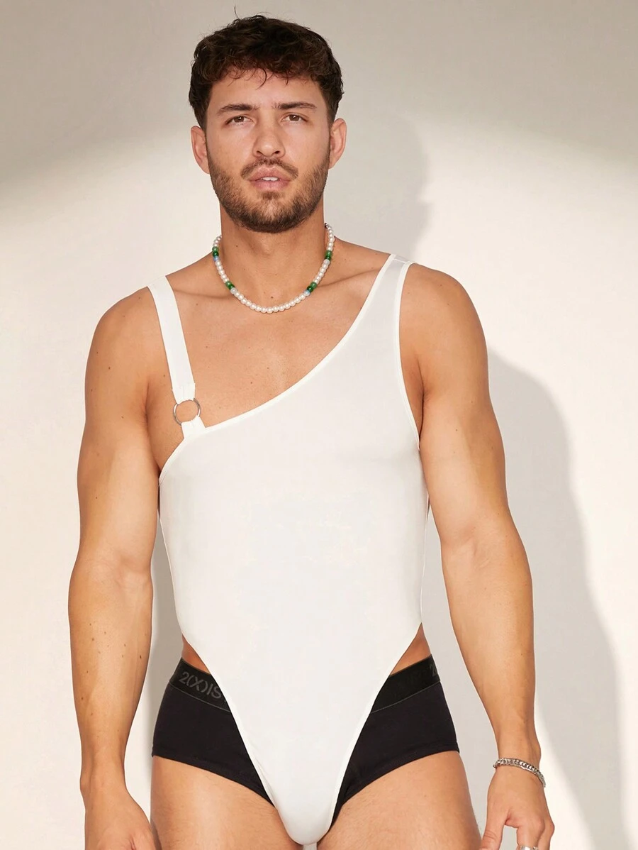 FeverCity Bộ đồ liền thân dệt kim ôm vừa vặn cho nam có một dây đeo vai và thiết kế không tay, phù hợp cho mùa hè - trắng - Xem 1