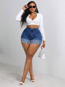Slaydiva Plus Size Stretch Denim Fashion Embroidered Shorts - Blue - View 6
