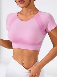 Women's Solid Pink Short Sleeve Crop Sports Top And Leggings Set For Summer Fitted Shirt - Pink - View 1