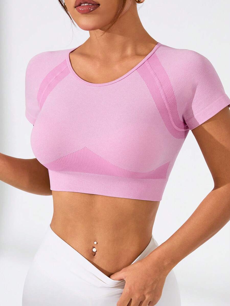 Women's Solid Pink Short Sleeve Crop Sports Top And Leggings Set For Summer Fitted Shirt - Pink - View 1