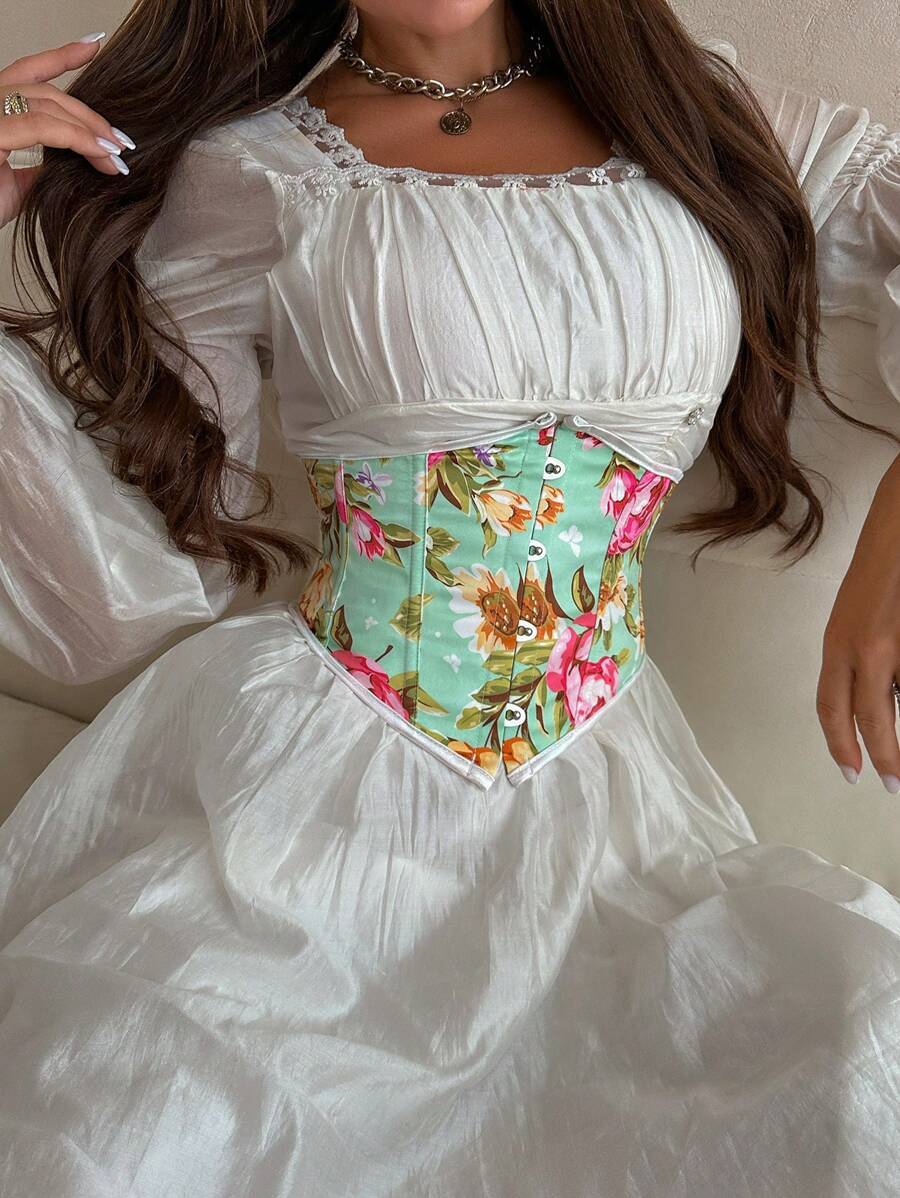 Floral Printed Fishbone Waist Trainer - Green - View 1